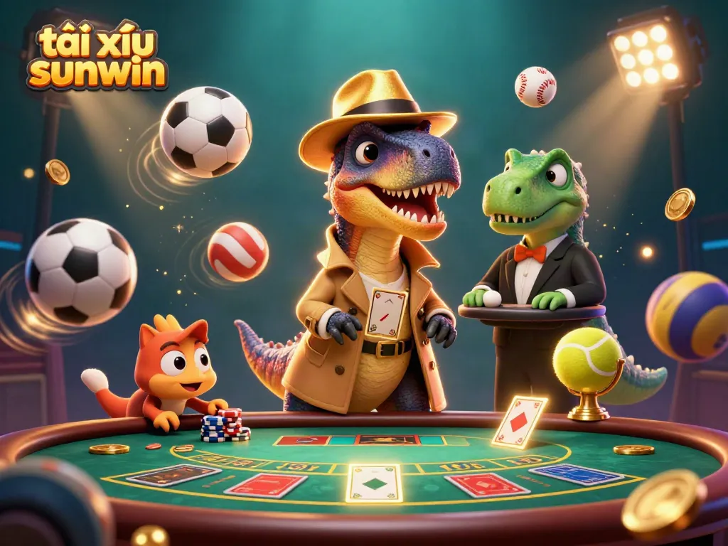 Experience the excitement of tài xỉu sunwin with a dynamic casino scene featuring a velociraptor and friends.