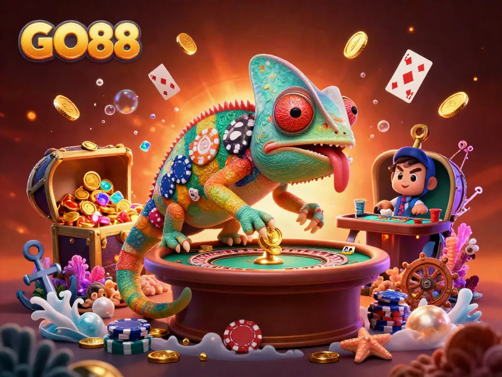 Experience the exciting world of GO88 with a vibrant casino scene featuring a chameleon owner and dynamic gaming elements.