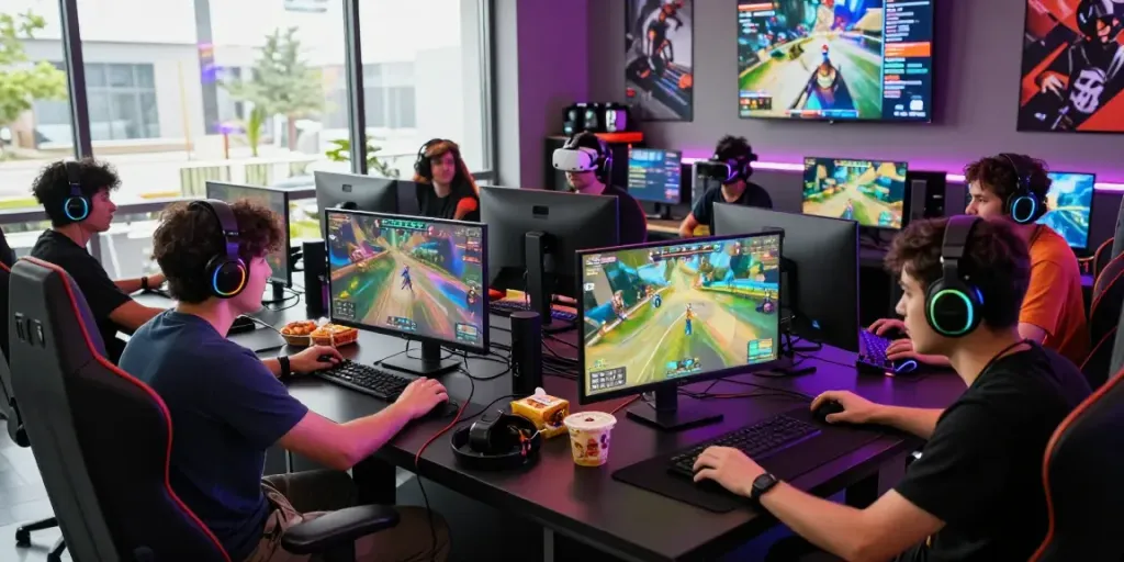 Pecah 404: Diverse players in an energized gaming lounge enjoying multiplayer games with modern setups.