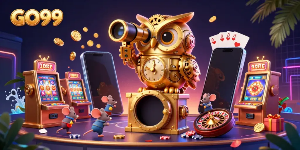 Experience the fun and excitement of GO99 gaming with cartoon-style characters in a vibrant casino scene.