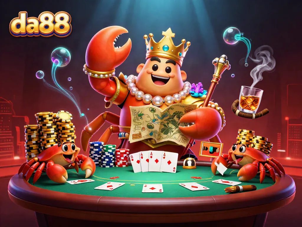 Experience the thrill of da88 with a majestic crab emperor leading a vibrant poker game scene.