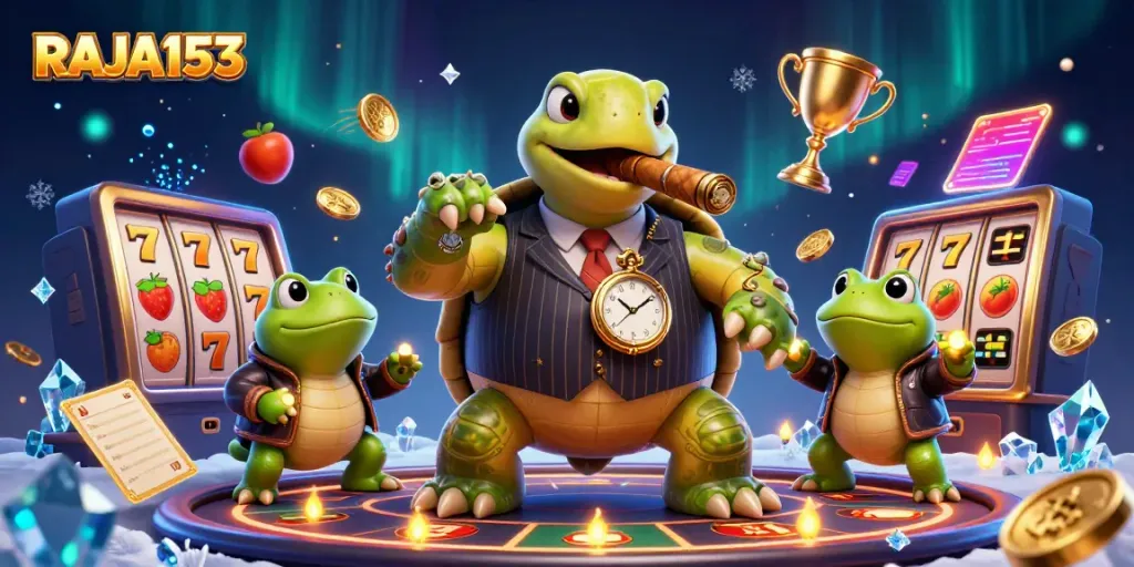 RAJA153 offers thrilling slot action with a unique snapping turtle mobster character in a fun casino scene.