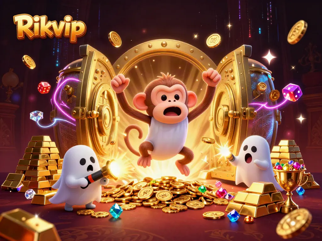 Experience the Rikvip casino magic where a mischievous poltergeist monkey and a curious puppy unveil treasures in a vibrant setting.