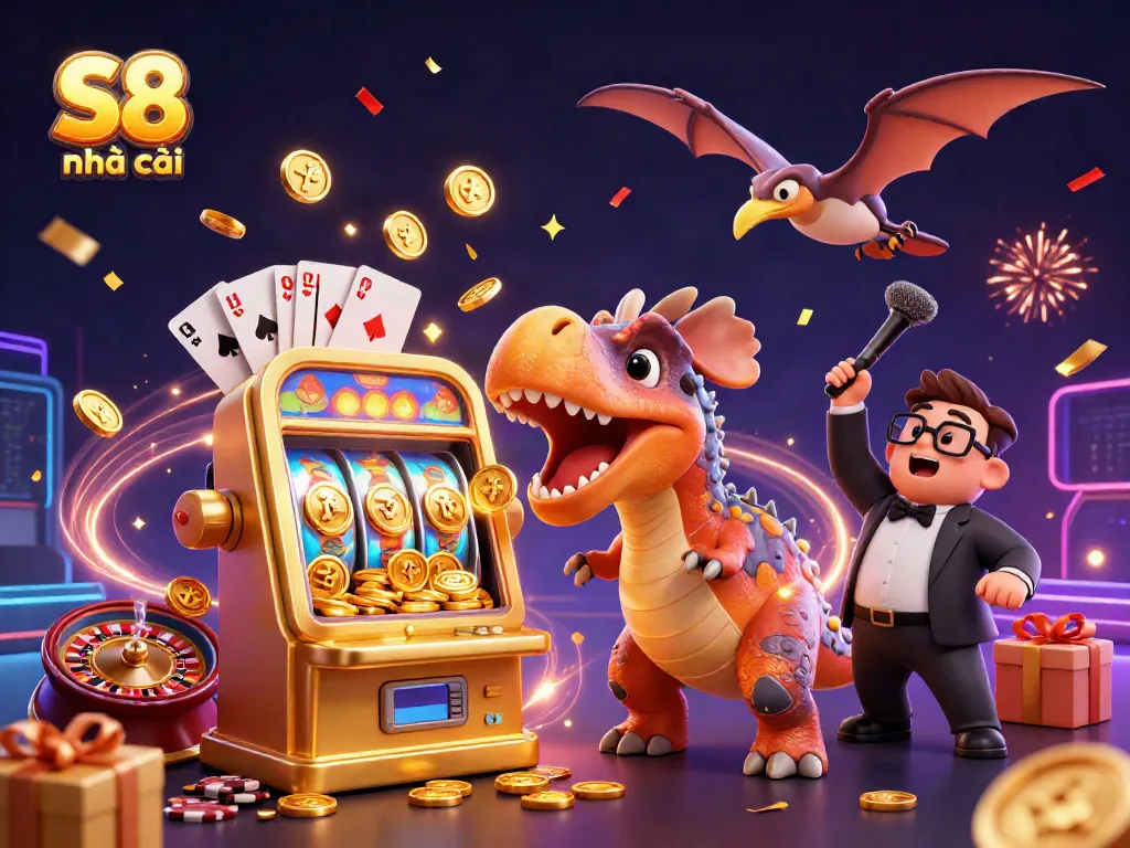 S8 nhà cái engages players with a jackpot-winning pachycephalosaurus and a busy casino scene.