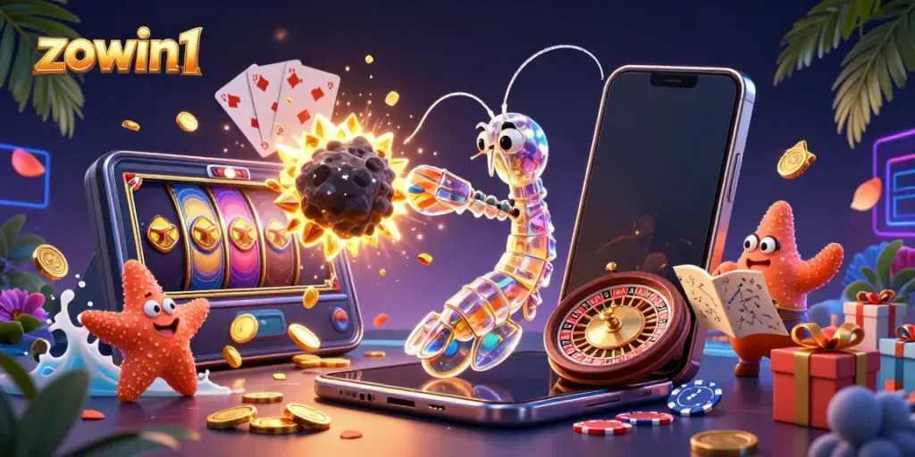 Experience winning moments at zowin1 with a vibrant galactic samurai shrimp amidst exploding gems and coins.