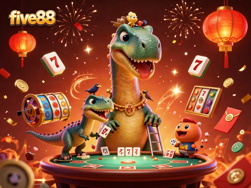 Experience thrilling gameplay with five88, as a brontosaurus oversees a vibrant casino scene filled with slot reels and festive elements.