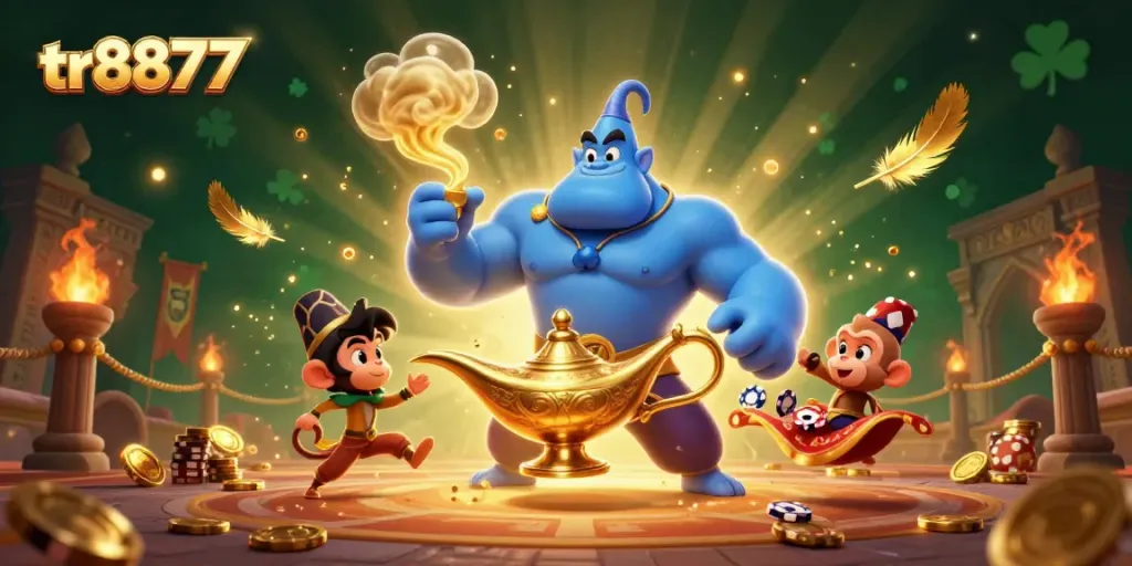 Engage in thrilling gameplay at tr8877 with a magical scene featuring a genie, poker chips, and dynamic casino elements.