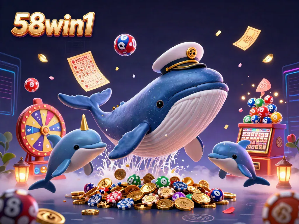 Experience the excitement of 58win1 with a dynamic scene featuring a whale, narwhal, and dolphins amidst colorful casino elements.