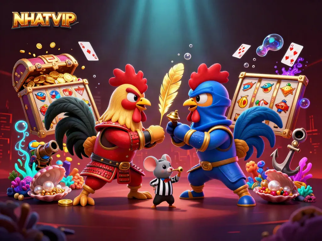Experience the thrilling NHATVIP showdown between samurai and ninja roosters amidst stunning casino visuals.