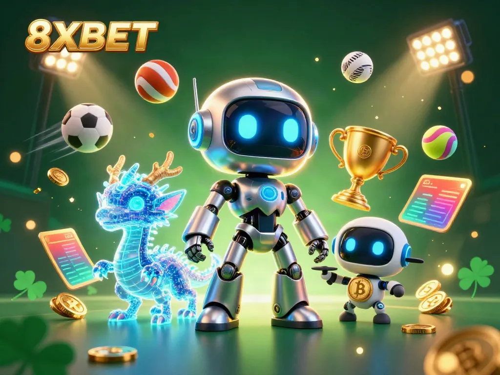 Join the excitement with 8XBET featuring a cyberpunk robot, AI dragon, and dynamic sports elements.