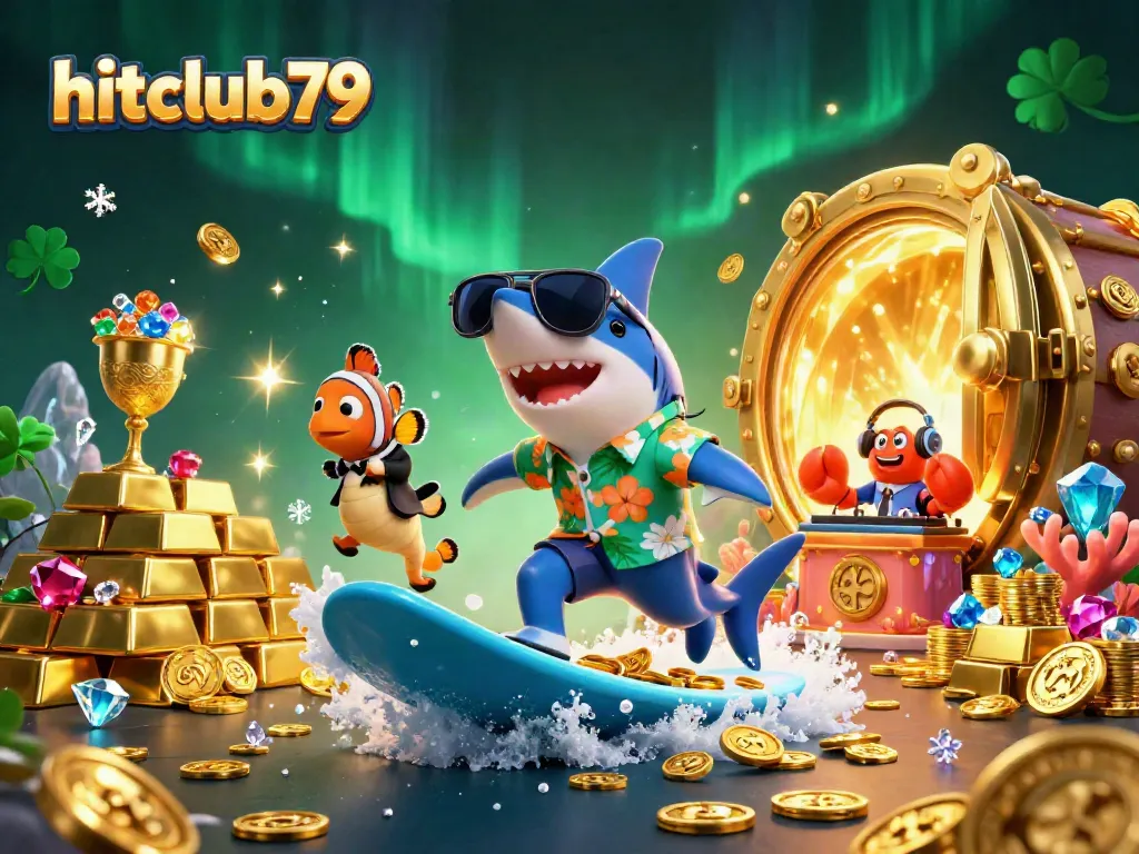 Engage with hitclub79's vibrant casino world, featuring a shark and clownfish in a dynamic gold coin scene.