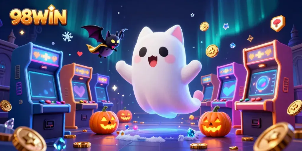 Engaging scene with 98WIN ghost cat and vampire bat in a vibrant haunted casino