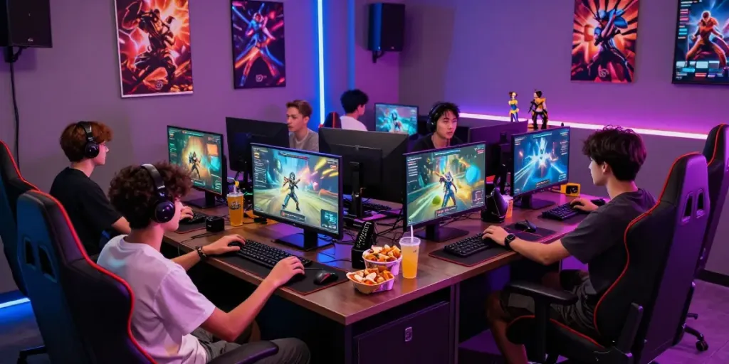 Kilat 404 gaming lounge scene with young gamers enjoying immersive gameplay.