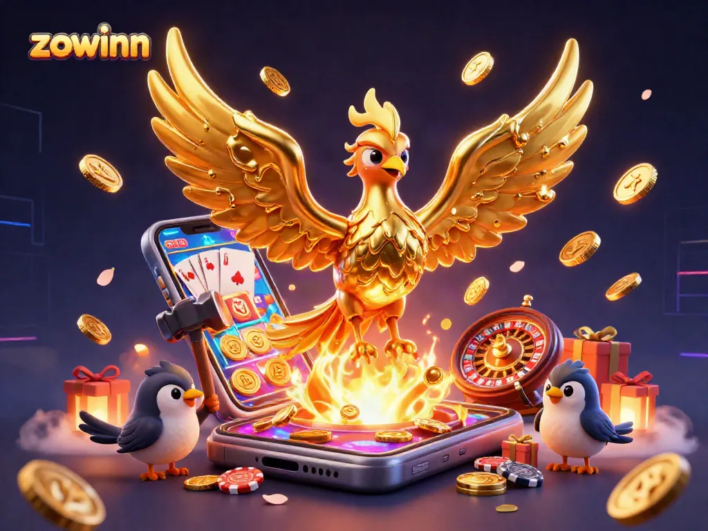 Experience the thrill of winning at Zowinn with a vibrant 3D casino scene featuring golden phoenix and slot game elements.