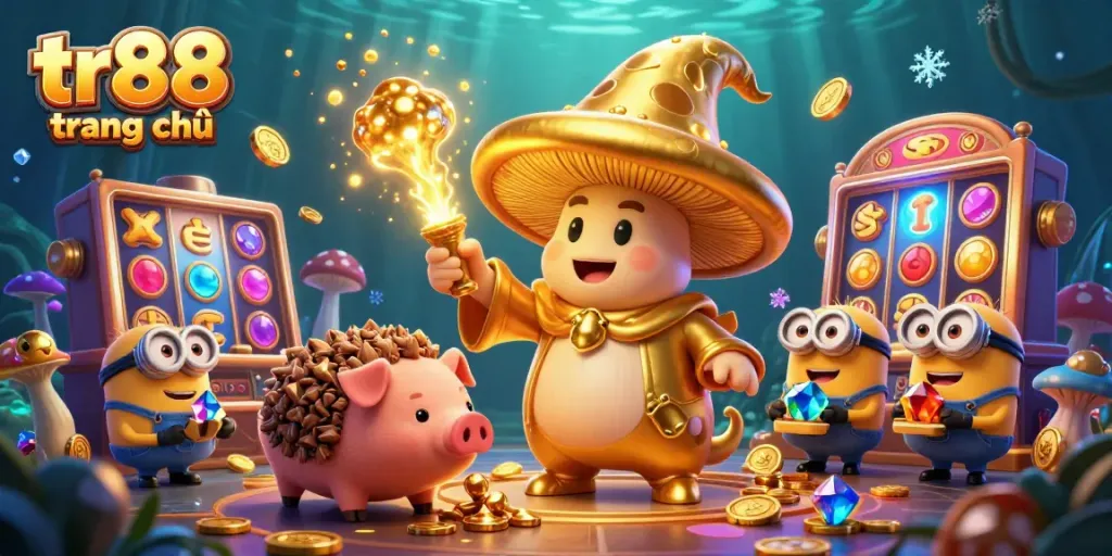 Experience the excitement of tr88 trang chủ with magical characters and vibrant gambling symbols in a 3D scene.