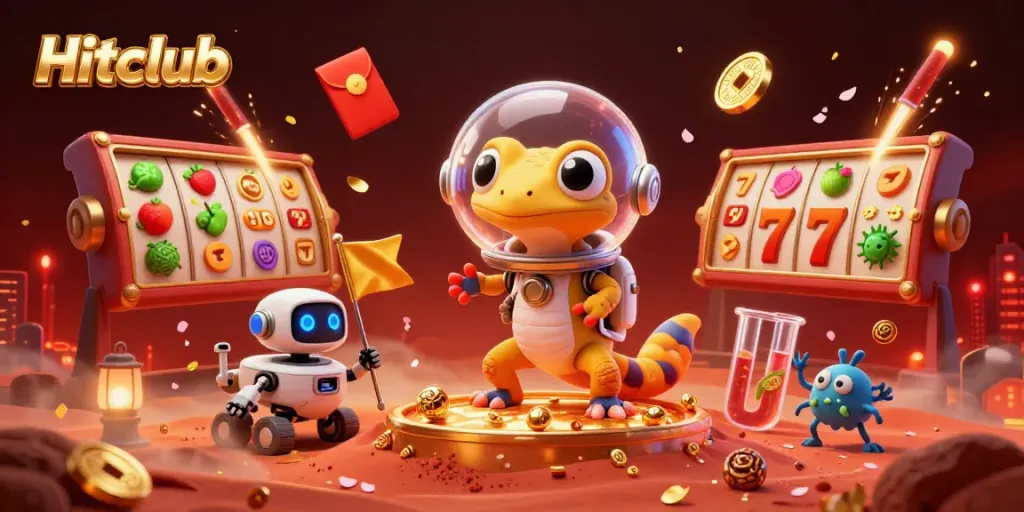 Hitclub Martian gecko discovers a golden casino with lively game elements and vibrant decorations.