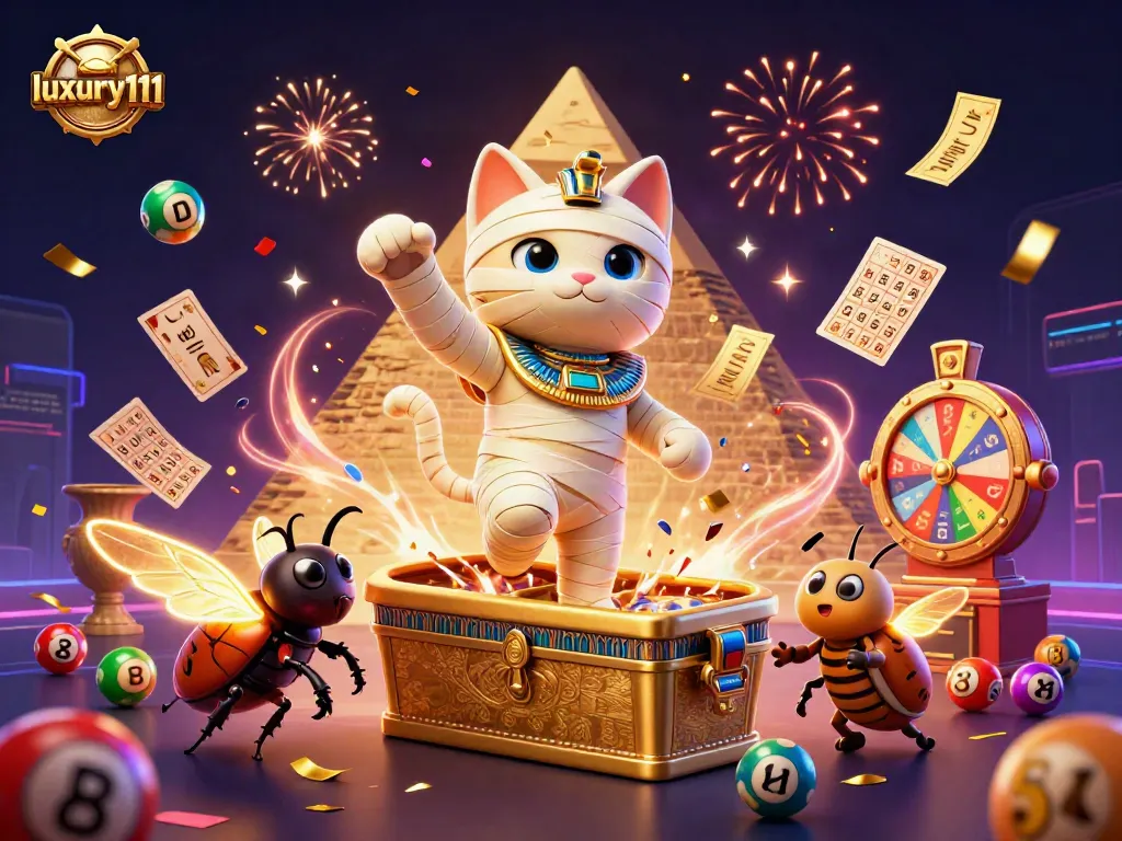 Experience excitement at luxury111 as a cartoon Egyptian mummy cat bursts from a golden sarcophagus with vibrant gaming elements.