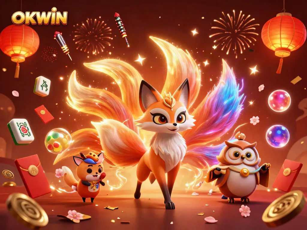 Engage with OKWIN’s vibrant gaming universe featuring a colorful nine-tailed fox and wise owl