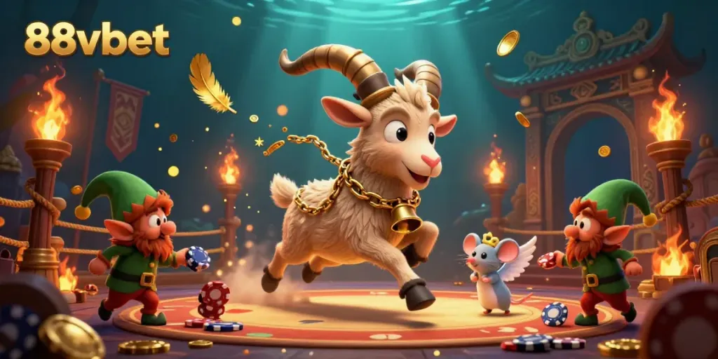 Experience the festive gaming excitement of 88vbet with Krampus, an angel mouse, and mischievous gremlins in a dynamic casino scene.