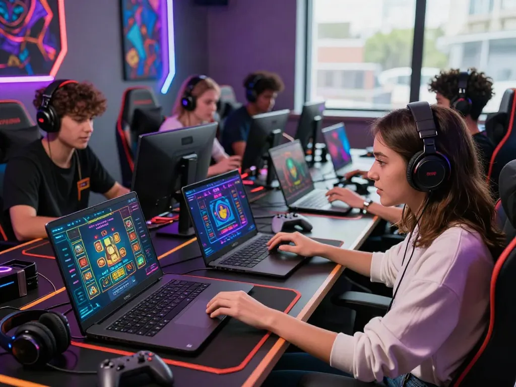 Engaging online gaming scene at https://1da88.it.com/ with diverse players enjoying live casino games and vibrant gaming decor.