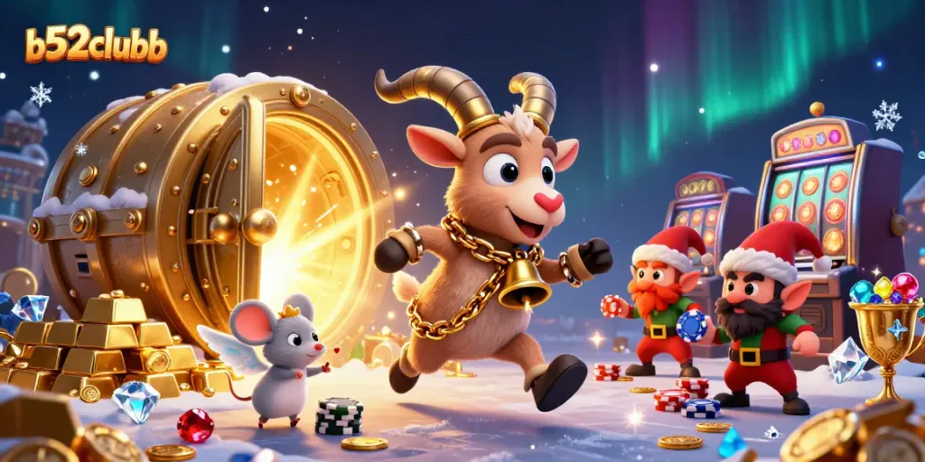Engage in thrilling gameplay at b52clubb with festive characters in a vibrant casino scene.