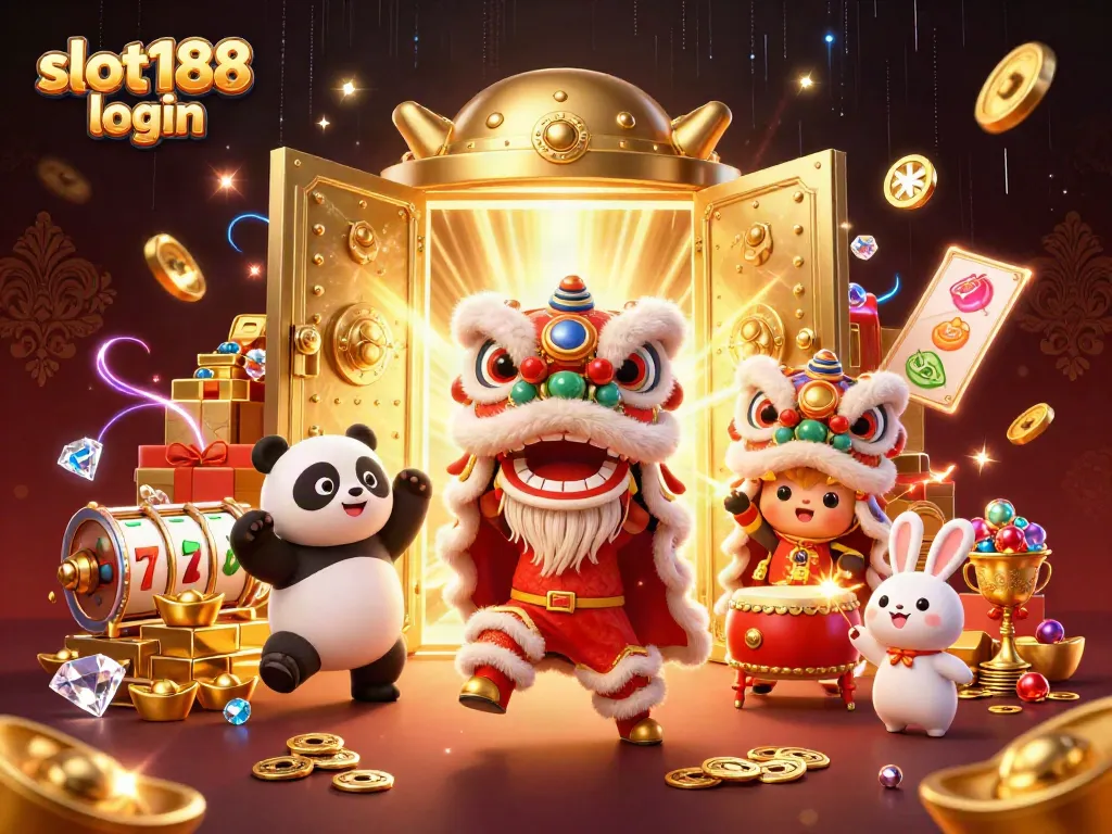 Slot188 login dengan karakter lucu dan elemen kasino yang menarik, pencahayaan cemerlang dan detail mengesankan.