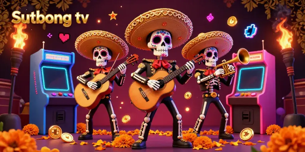 Sutbong tv showcases an engaging live sports scene enriched by vibrant gaming elements and a colorful skeleton mariachi band.