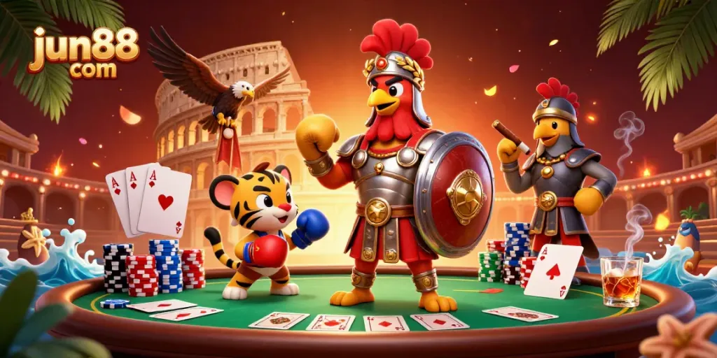 Engage in thrilling gameplay at jun88 com with a dynamic casino scene featuring a gladiator rooster and casino elements.