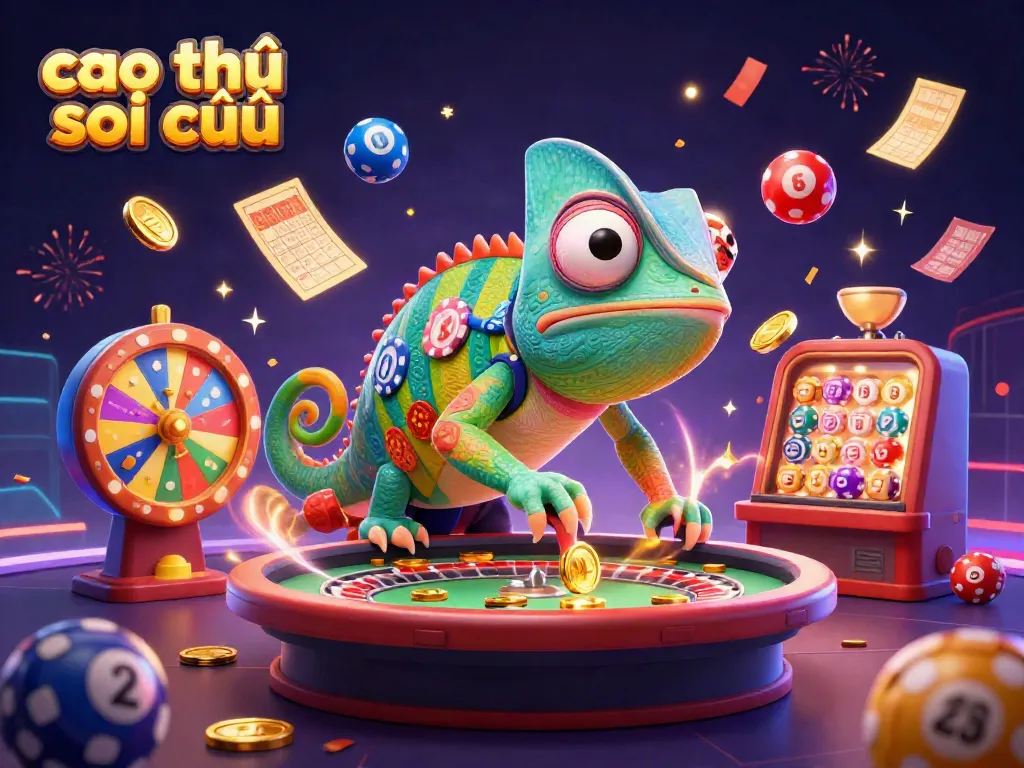 Play and win with cao thủ soi cầu in this vibrant 3D casino scene with chameleon owner.