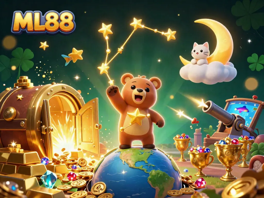 Experience thrilling fun at ML88 with a colorful 3D illustration of celestial characters and treasures.