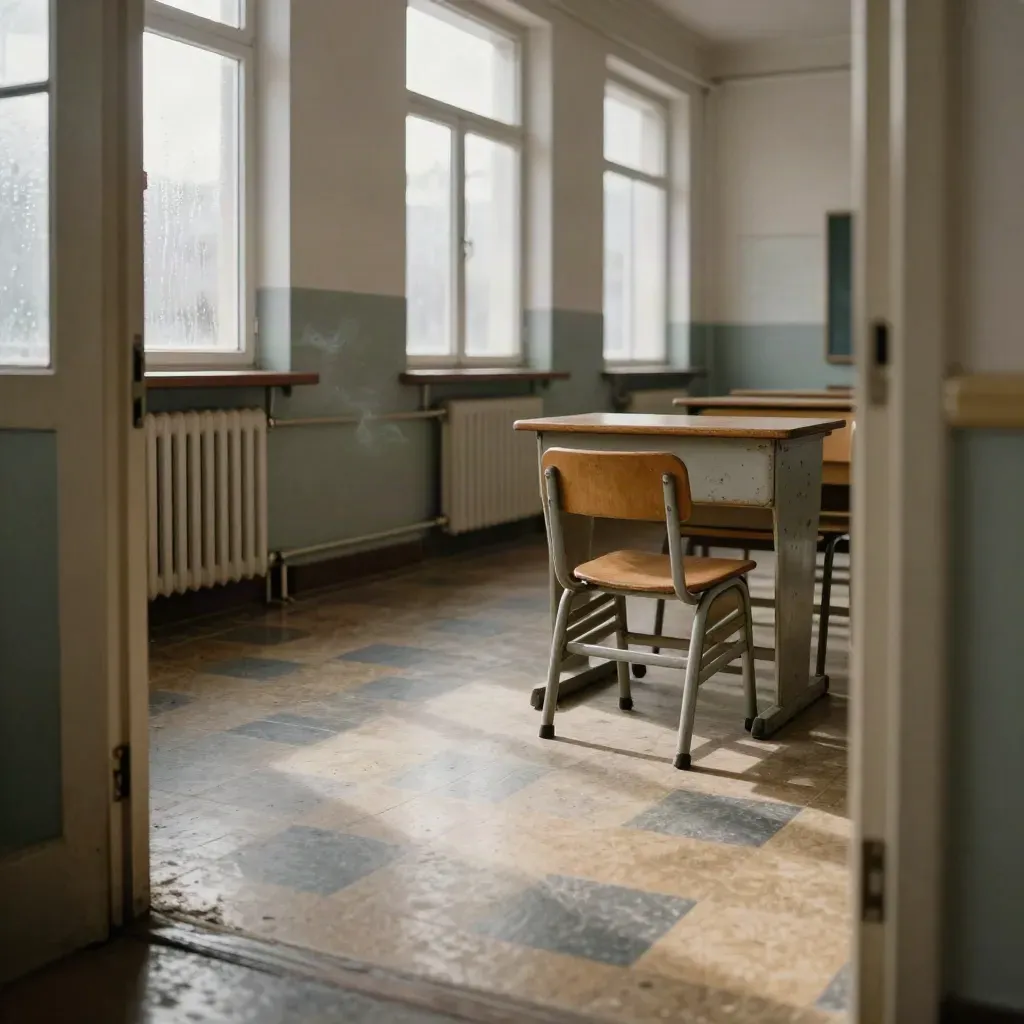 Stara klasa szkolna z łatanymi podłogami, kaloryferami i stertą krzeseł w porannym świetle