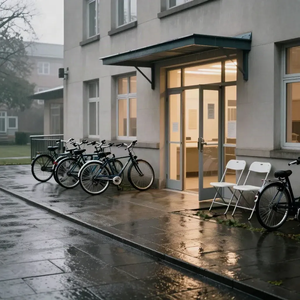 Wejście na kampus po deszczu, rowery i białe krzesła pod zadaszeniem