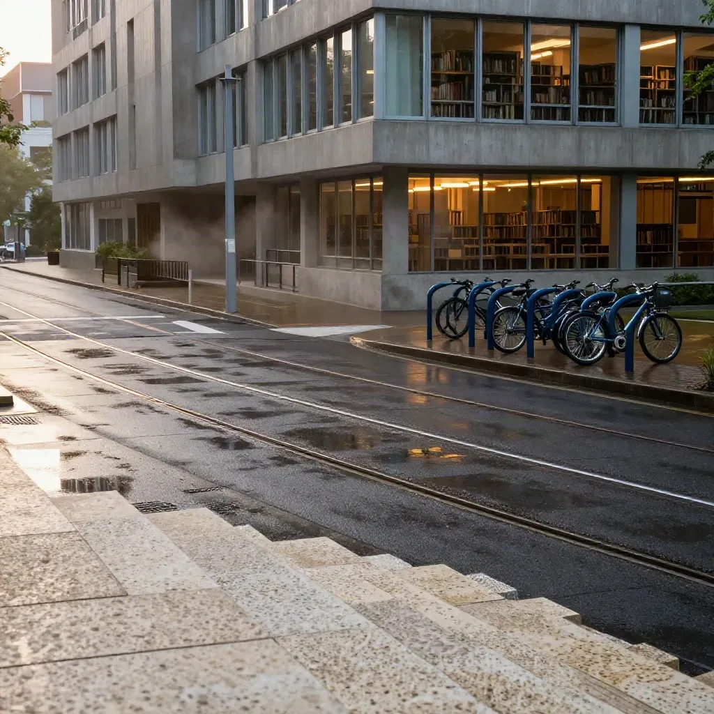 Deszczowy narożnik kampusu z torami tramwajowymi, schodami biblioteki i akademikiem