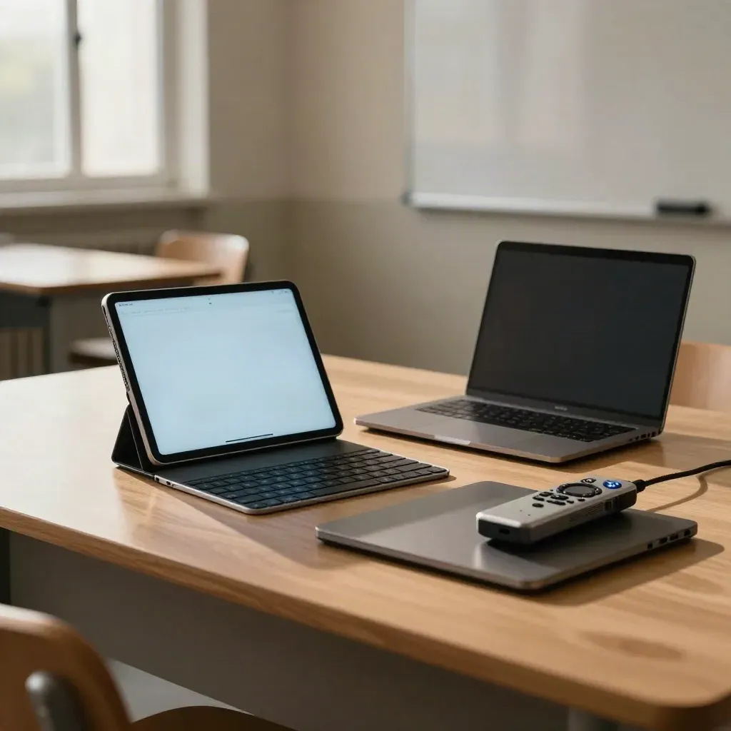 Tablet, stacja ładowania i laptop na biurku nauczyciela w nowoczesnej klasie