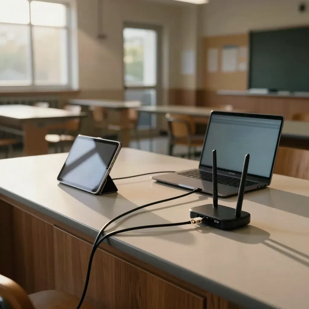 Tablet, laptop, router i ładowarka na szkolnym blacie, gotowe do lekcji