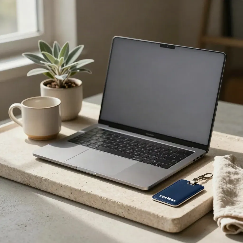 Zamknięty laptop, kubek, roślina i etui na kartę na kamiennej tacy przy miękkim świetle