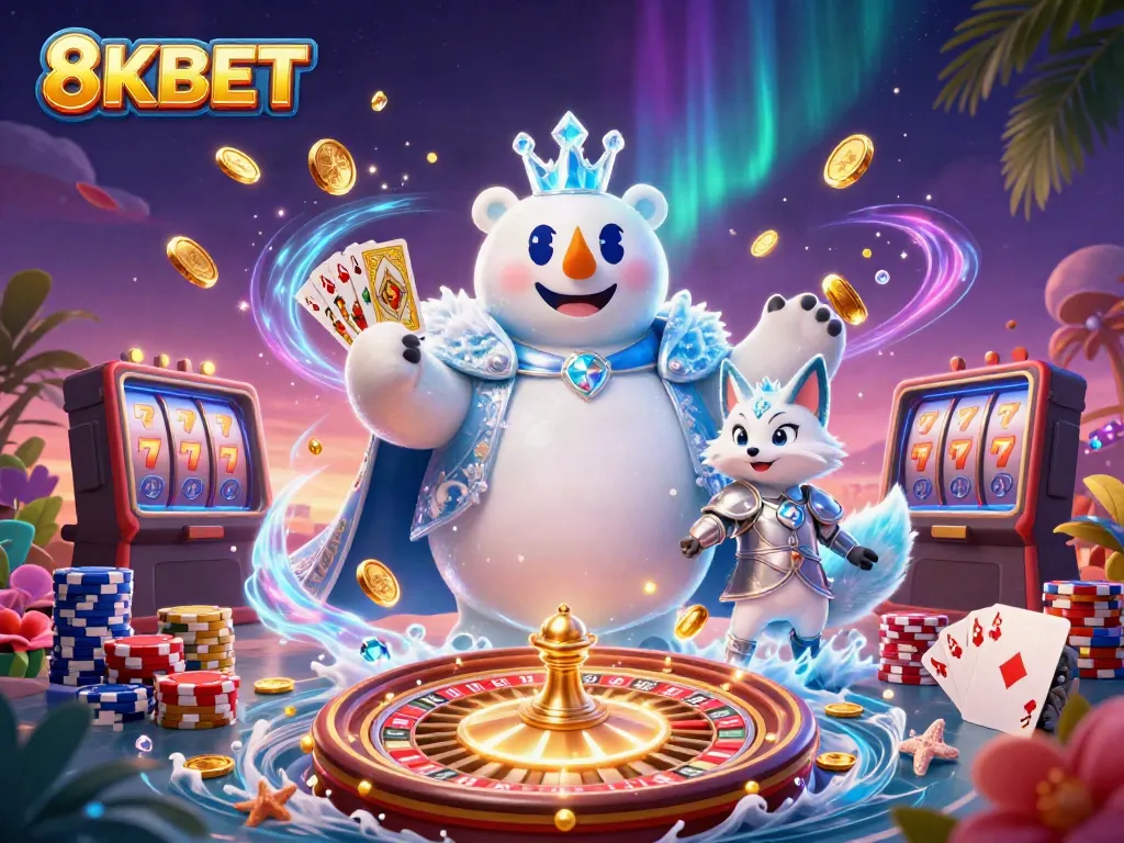 Win big with 8KBET in this vibrant casino scene filled with golden coins and exciting gameplay.