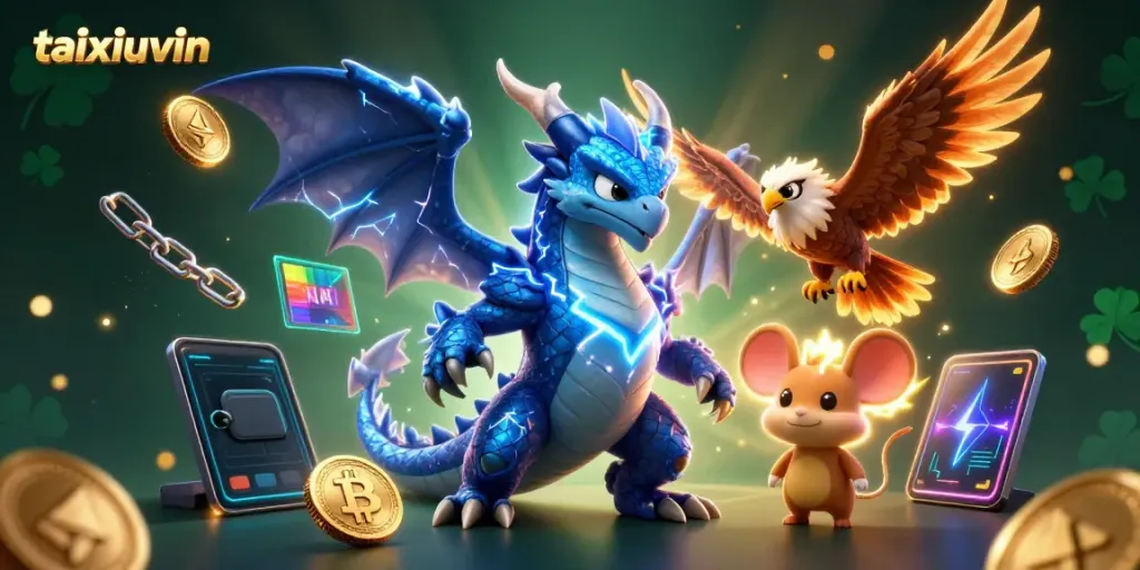 Experience thrilling bets with taixiuvin; a dynamic scene featuring casino themes and vibrant characters.