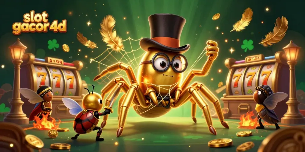 Slot gacor 4d dalam ilustrasi 3D menampilkan arachnid emas dan kesatria kumbang.