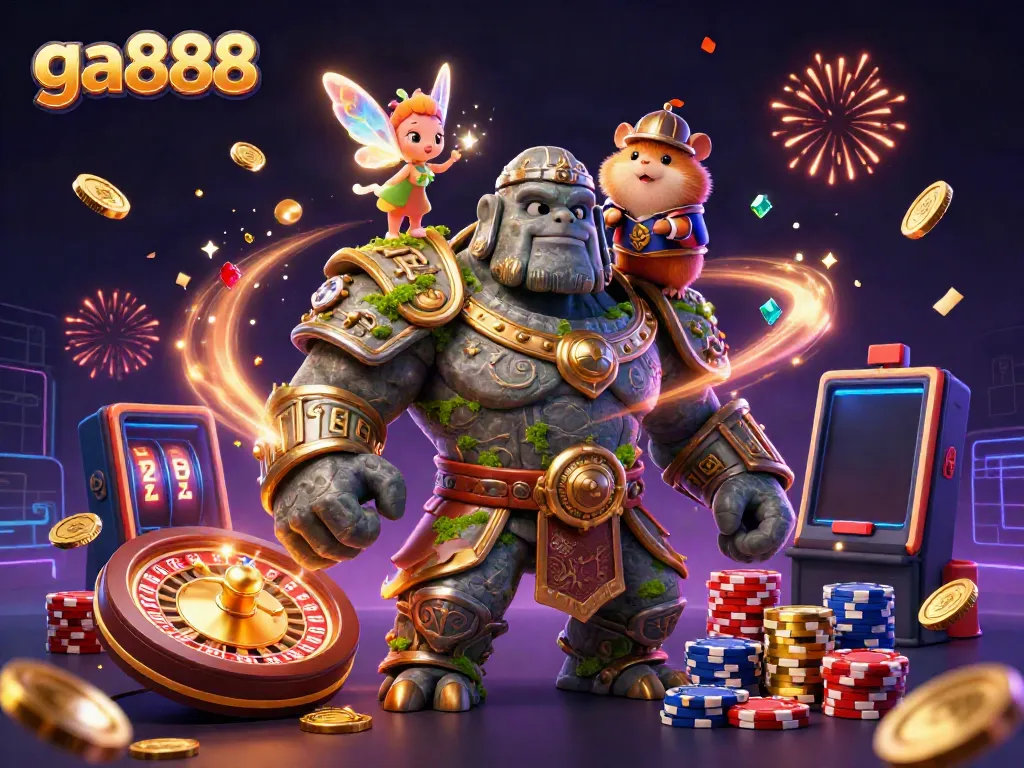 Engage in thrilling gaming adventures at ga888 with a vibrant casino scene of sparkling coins and enchanted characters.