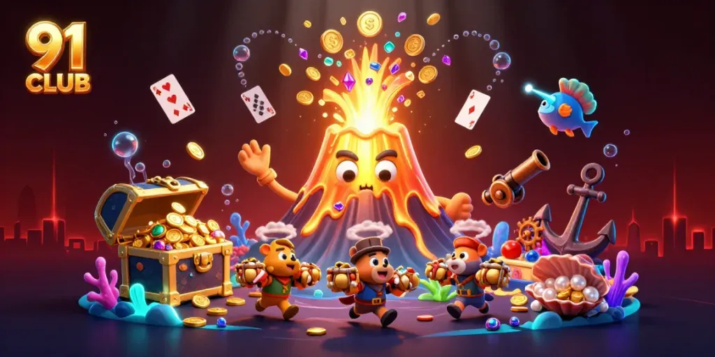 Engage with thrilling gameplay at 91 CLUB featuring vibrant gold coins and animated treasure scenes.
