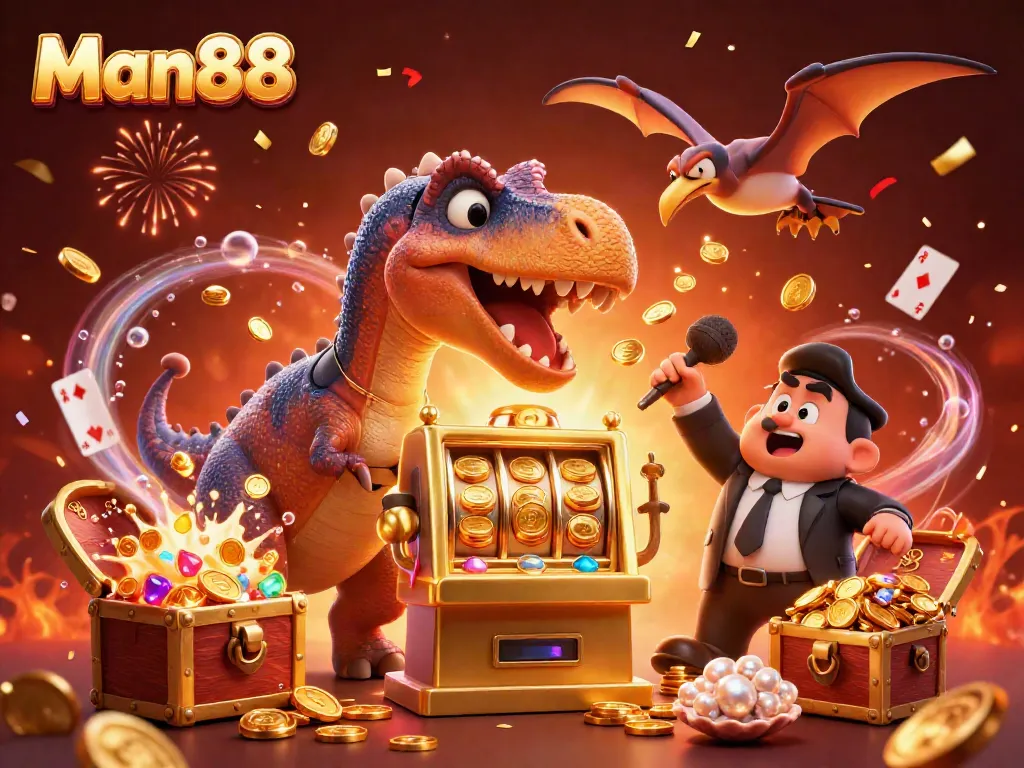 Experience thrilling jackpots with Man88 while cartoon dinosaurs playfully interact at a vibrant casino scene.