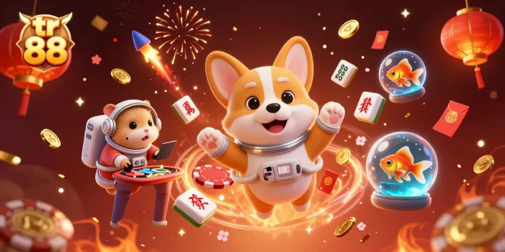 Experience the excitement of the tr 88 space casino with a floating corgi, vibrant decorations, and thrilling gameplay elements.