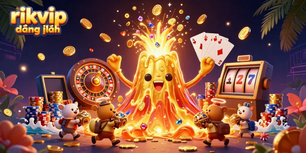 Experience triumphant treasure in a 3D scene with rikvip đăng nhập, featuring golden volcano, coins, and adventure