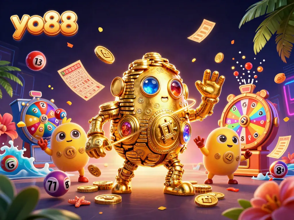 Spin the reels of yo88 with a golden golem amidst vibrant lottery balls and animated game elements.