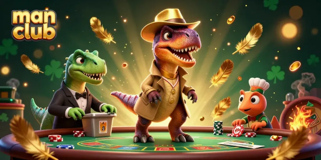 Engage in thrilling gaming action at the man club with cartoon dinosaurs at a vibrant casino.