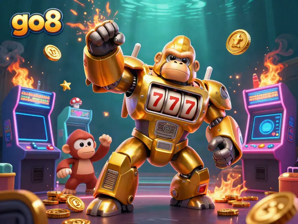 Experience thrilling gameplay with go8's golden gorilla mech surrounded by dazzling casino elements.