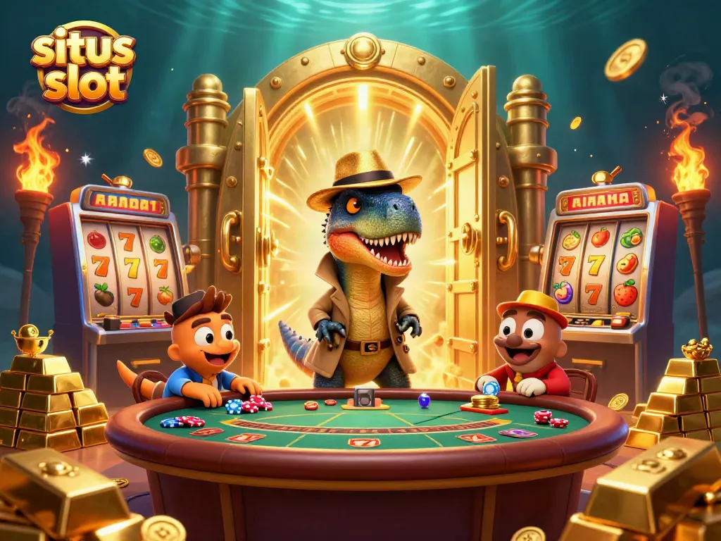 Experience situs slot action with vibrant characters at a blackjack table surrounded by treasures.