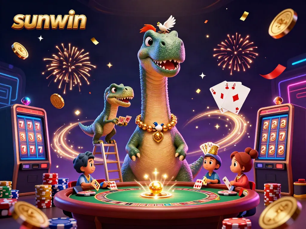 Experience sunwin's thrilling casino adventure with a towering brontosaurus and clever raptor in a dynamic, vibrant scene.