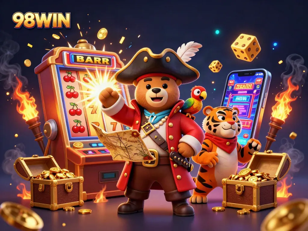 Win big at 98WIN with a spectacular jackpot scene featuring exciting slots and vibrant characters.